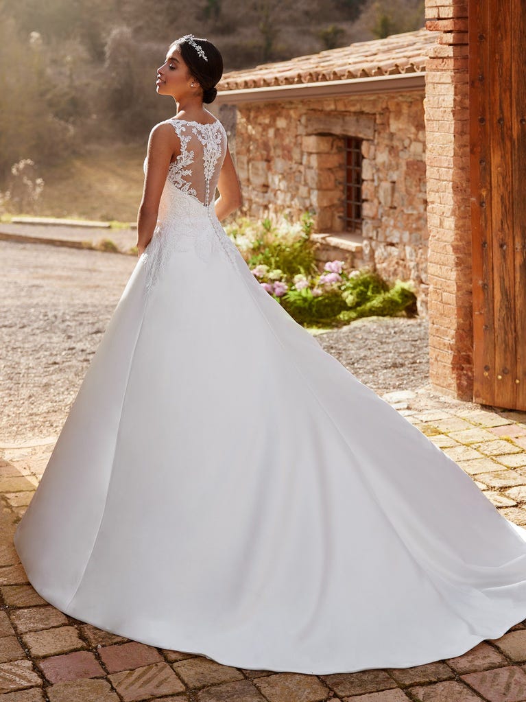Style DONNA: Square Neck Stretch Mikado A-Line Wedding Gown with Bow Detail