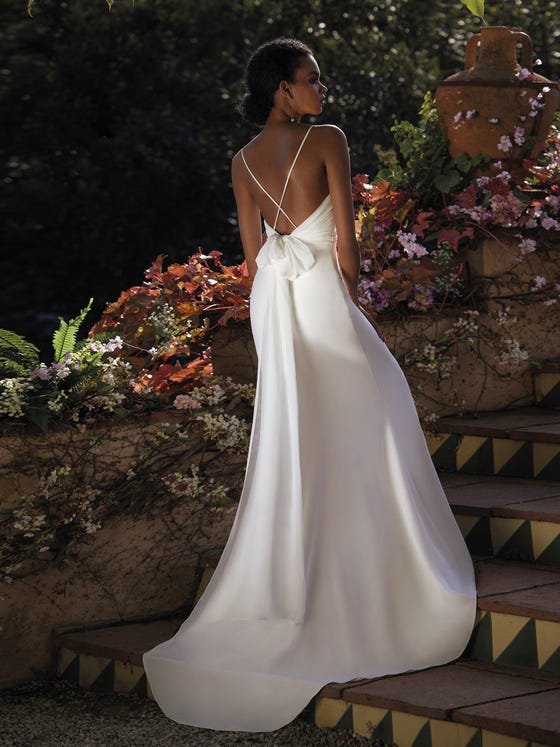 Elegant White Satin Bateau Neckline Wedding Gown - Promfy