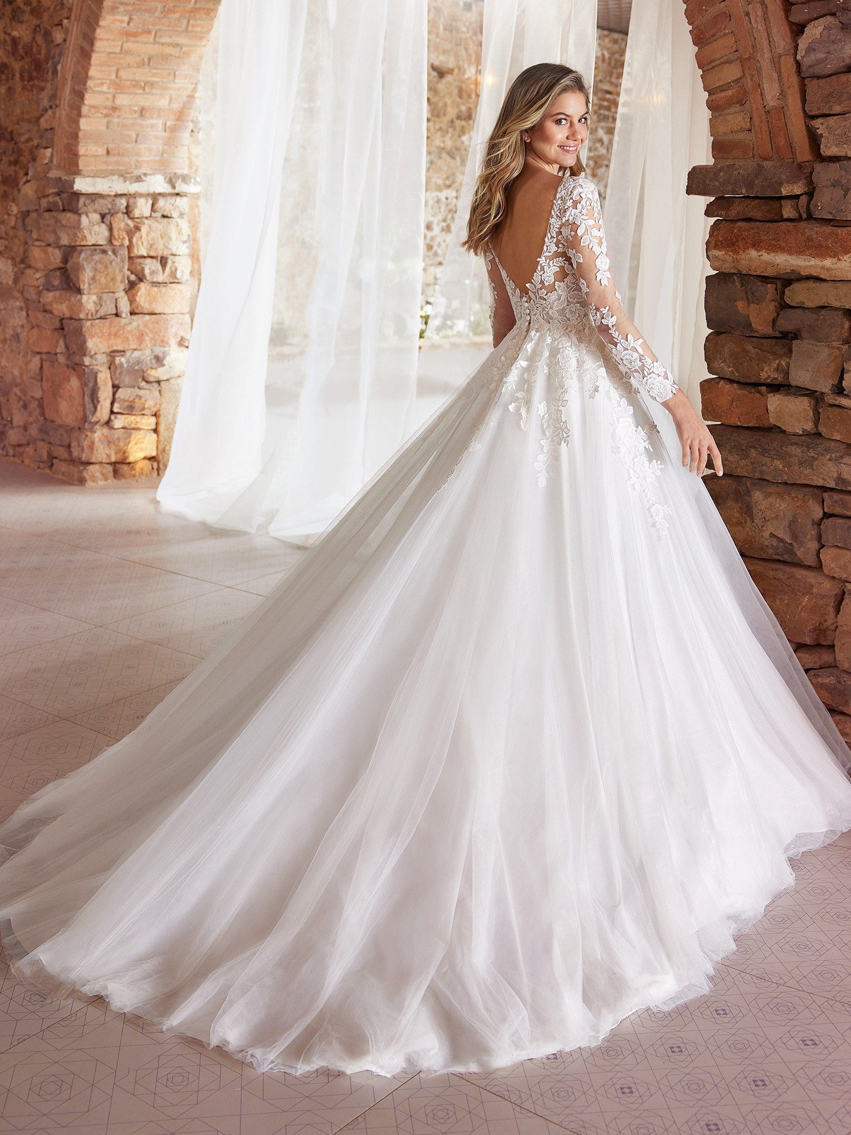 FLOOR LENGTH WHITE TULLE SKIRT GOWN WITH ARABIC PRINCESS SLEEVES AND BODICE